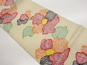 手織り真綿紬抽象花葉模様織出し名古屋帯